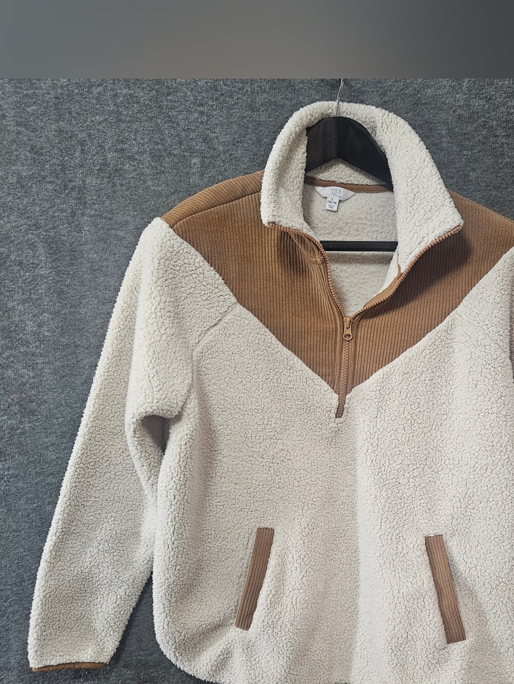 Time and Tru Cream Sherpa Quarter-Zip with Brown Contrast Yoke Women's Sz Large